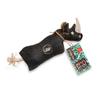 A black, rhino-shaped dog toy made from eco-friendly materials. The toy has a squeaker inside and a tag that says 'GREEN&WILD's ECO DOG TOYS'.
